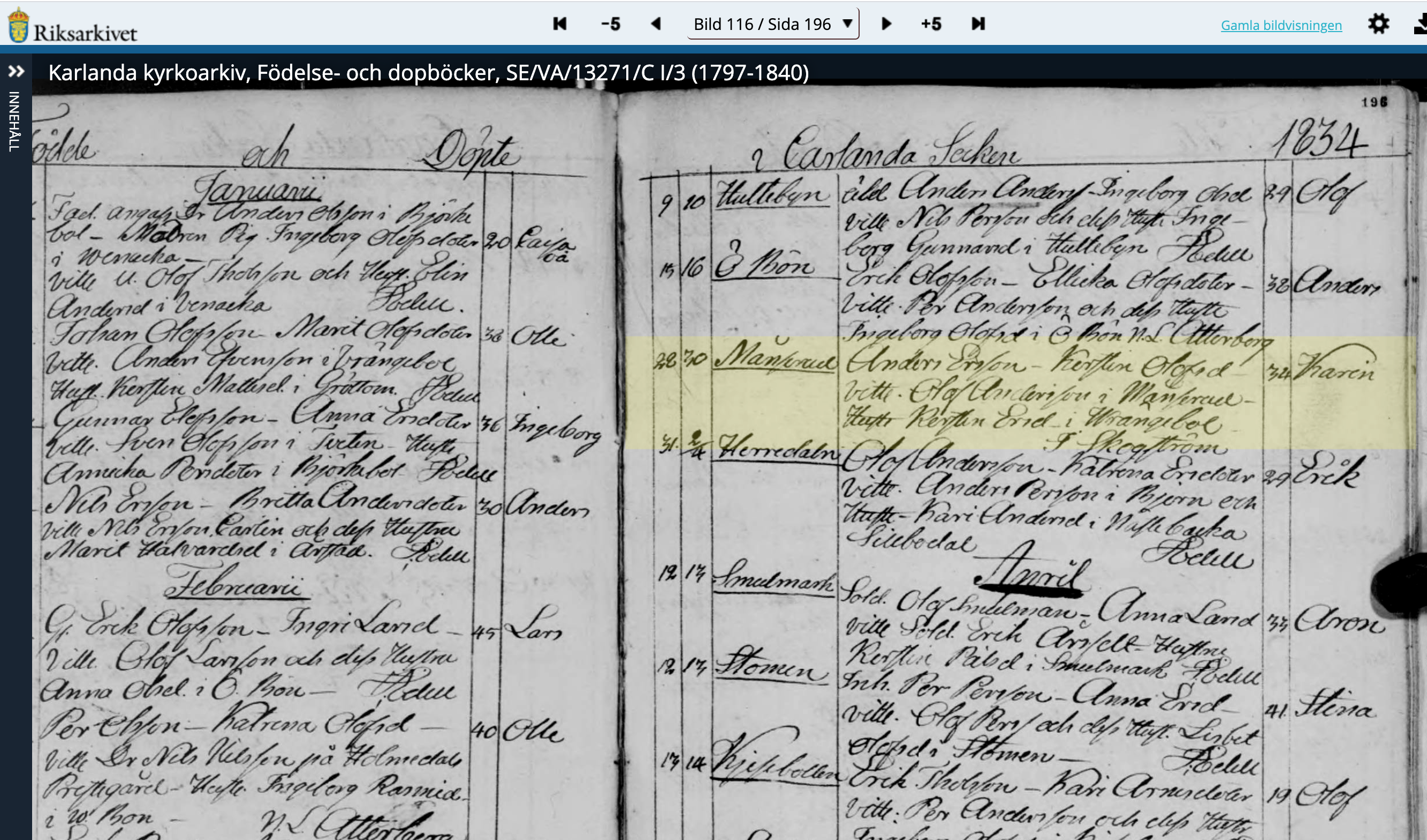 Birth of Karin Andersdotter, 28 March 1834, Månserud, Karlanda, Värmland, Sweden